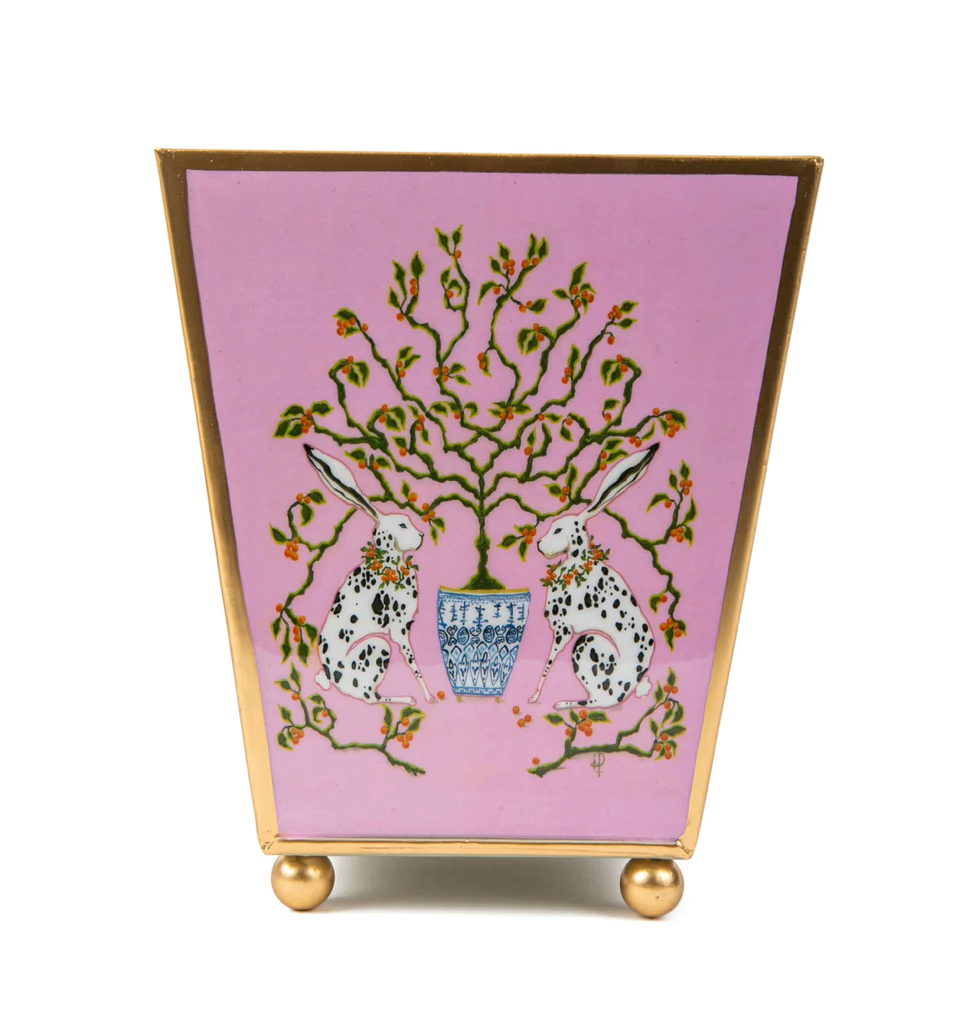 Pink Bunnies Enameled Square Cachepot 4x6