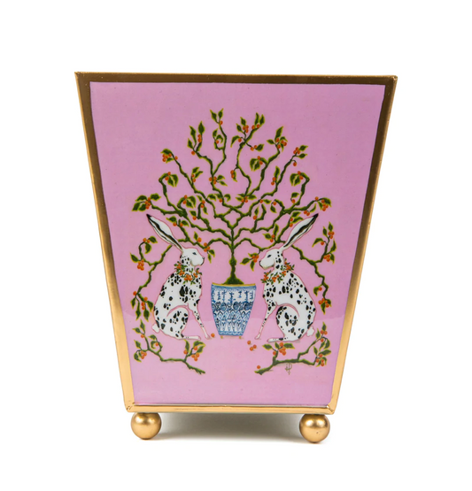 Pink Bunnies Enameled Square Cachepot 4x6