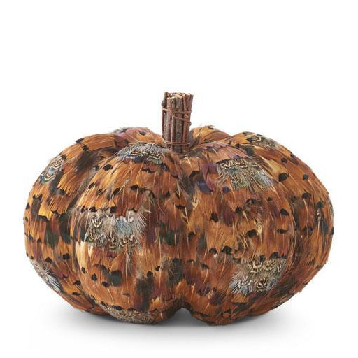 6.5" Orange & Brown Feather Pumpkin with Twig Stem