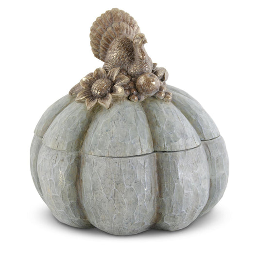 Lidded Green Pumpkin with Gold Turkey