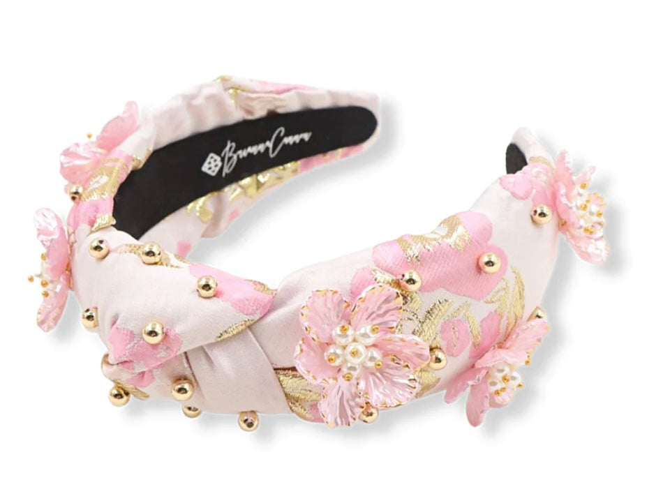 Light Floral Pink Headband with Gold and Pearl Embellishments