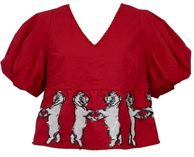 Queen Of Sparkles Dancing Bulldog Peplum Cotton Poof Sleeve Top