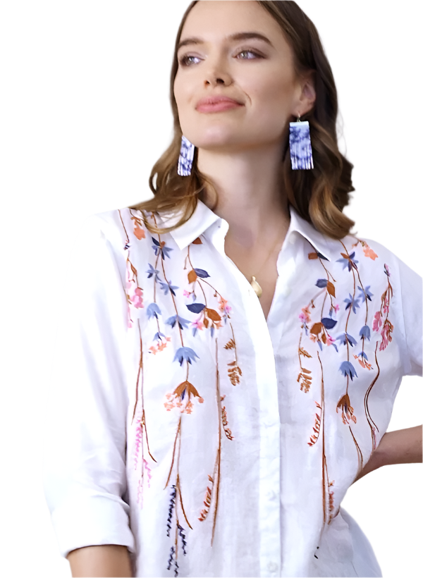 Ada Linen Tunic Oyster Factory Field Flowers Embroidery