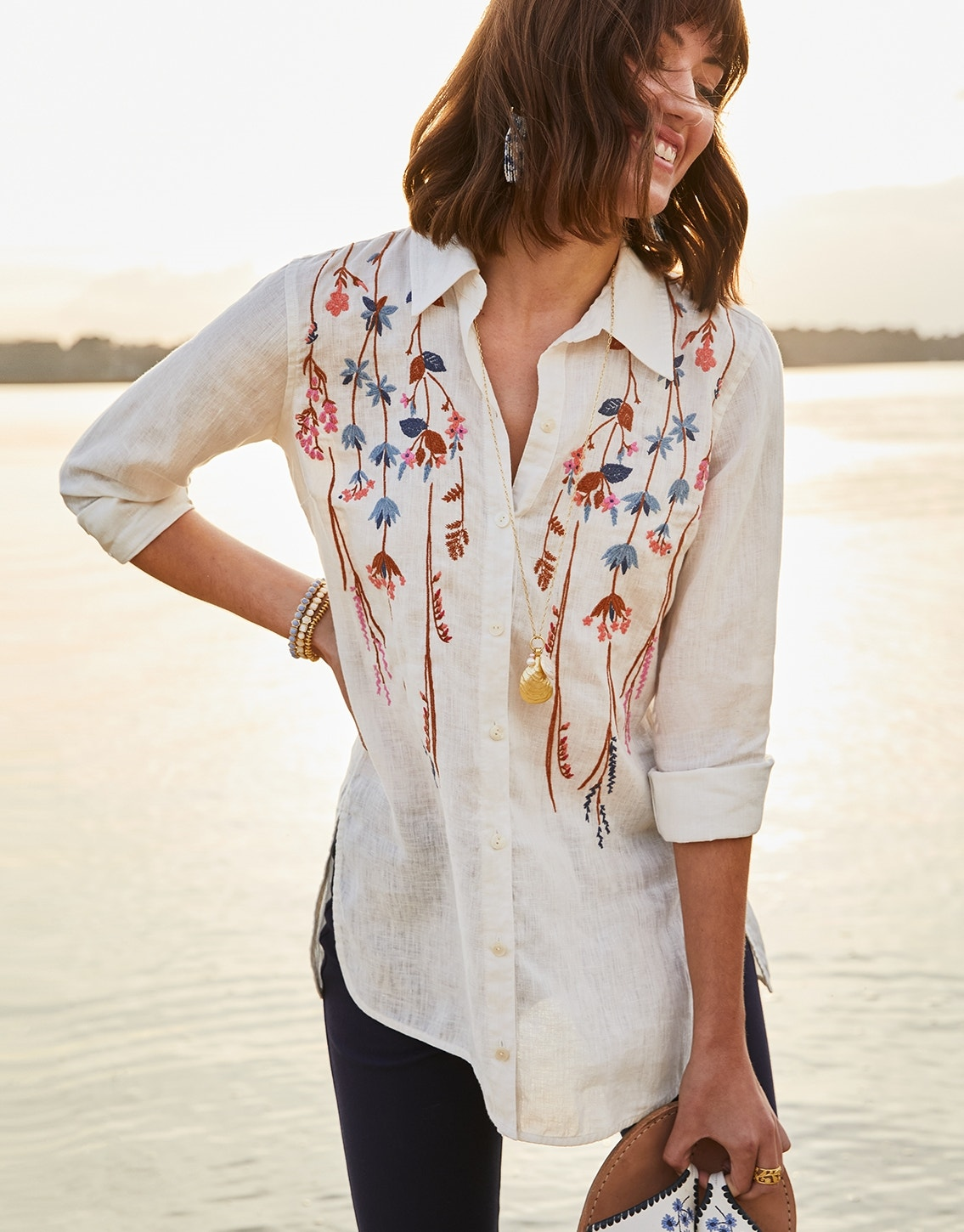 Ada Linen Tunic Oyster Factory Field Flowers Embroidery